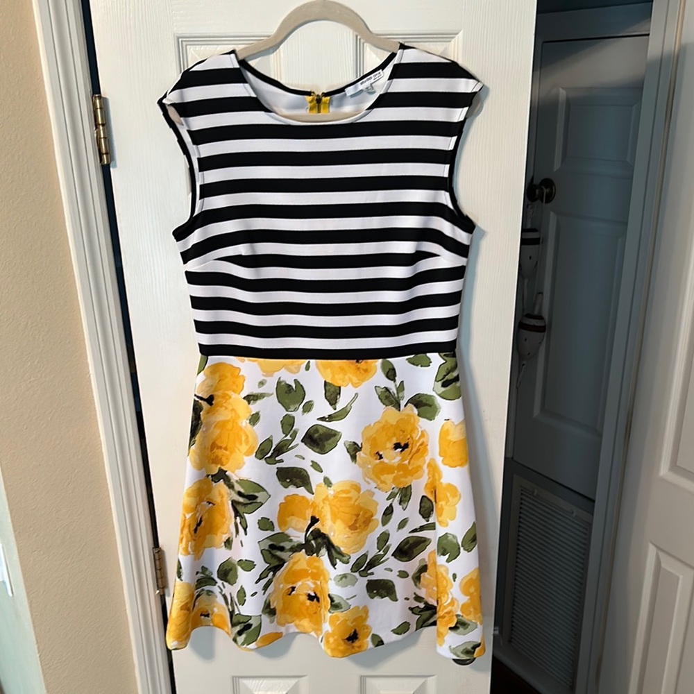 Studio One Black and White Striped Floral Midi Dress